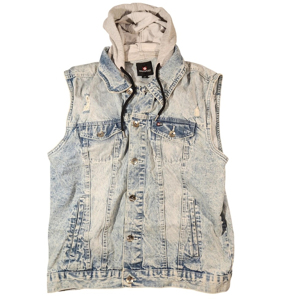 Vintage Southpole Denim Vest Mens XL Acid Wash Blue Hooded‎ Jacket Distressed